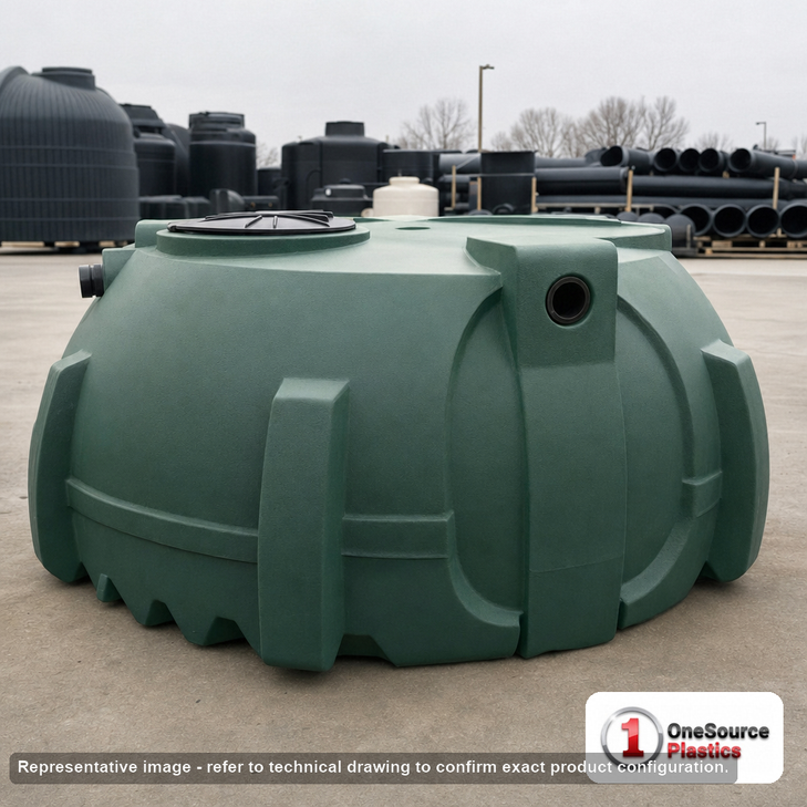 Norwesco 1000 Gallon Plastic Two Compartment Septic Tank with Loose Plumbing and Low Profile Design - IAPMO Certified. 1000 gallon capacity; Polyethylene; Green; dimensions 51.0in H x 60.0in W x 127.0in L; 370.0 lb empty; fittings: 4"; max temp 130 deg  F / 54 deg  C; 5 Year Warranty. Manufacturer part number 43517. Manufactured by Norwesco. Sold by OneSource Plastics (https://www.onesourceplastics.com).