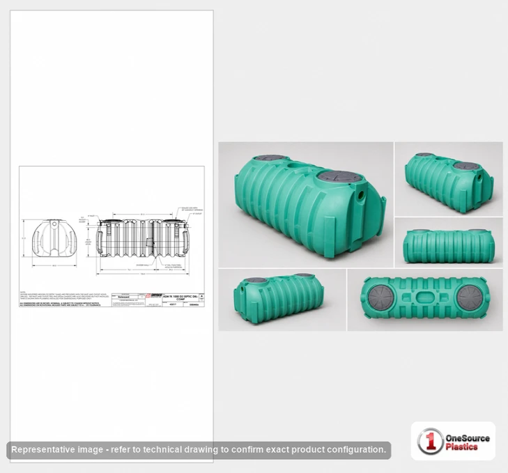 Dimensional spec drawing for Norwesco 1000 Gallon Low Profile Septic Tank (127" L x 60" W x 51" H)