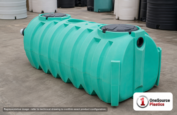 Norwesco 1000 Gallon Plastic One Compartment Septic Tank with Loose Plumbing and Low Profile Design - IAPMO Certified. 1000 gallon capacity; Polyethylene; Green; dimensions 51.0in H x 60.0in W x 127.0in L; 352.0 lb empty; fittings: 4"; max temp 130 deg  F / 54 deg  C; 5 Year Warranty. Manufacturer part number 43538. Manufactured by Norwesco. Sold by OneSource Plastics (https://www.onesourceplastics.com).