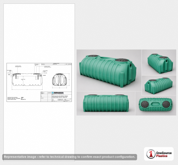 Dimensional spec drawing for Norwesco 1000 Gallon Low Profile Septic Tank (127" L x 60" W x 51" H)