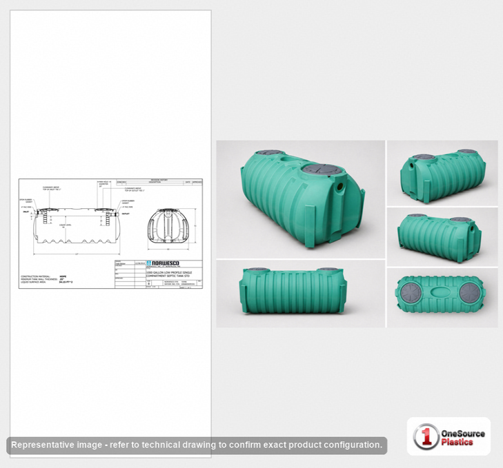 Norwesco 1000 Gallon Plastic One Compartment Septic Tank with Loose Plumbing, Low Profile Design and Side Inlet