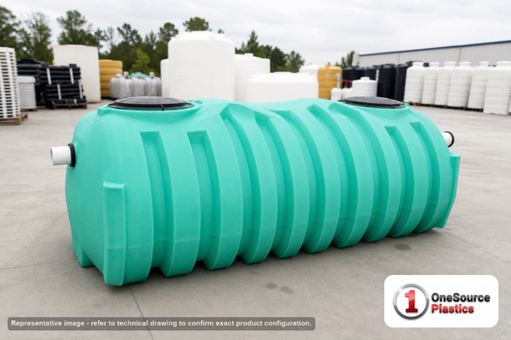 Norwesco 1000 Gallon Plastic Preplumbed One Compartment Septic Tank with Low Profile Design - IAPMO Certified. 1000 gallon capacity; Polyethylene; Green; dimensions 51.0in H x 60.0in W x 127.0in L; 359.0 lb empty; fittings: 4"; max temp 130 deg  F / 54 deg  C; 5 Year Warranty. Manufacturer part number 43496. Manufactured by Norwesco. Sold by OneSource Plastics (https://www.onesourceplastics.com).