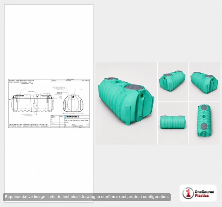 Dimensional spec drawing for Norwesco 1000 Gallon Low Profile Septic Tank (127" L x 60" W x 51" H)