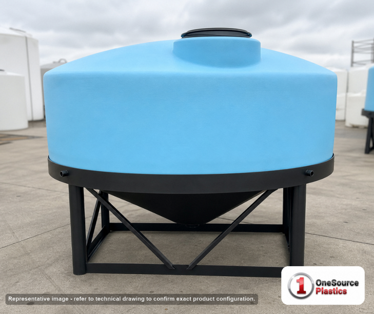 Norwesco 1020 Gallon 15 Degree HDPE Vertical Cone Bottom Tank. 1020 gallon capacity; High Density Linear Polyethylene; Blue; dimensions 53.0in H x 91.0in W x 91.0in L; 233.0 lb empty; 1.9 specific gravity rating; fittings: 2"; max temp 120 deg  F / 48 deg  C; 3 Year Warranty. Manufacturer part number 44420. Manufactured by Norwesco. Sold by OneSource Plastics (https://www.onesourceplastics.com).
