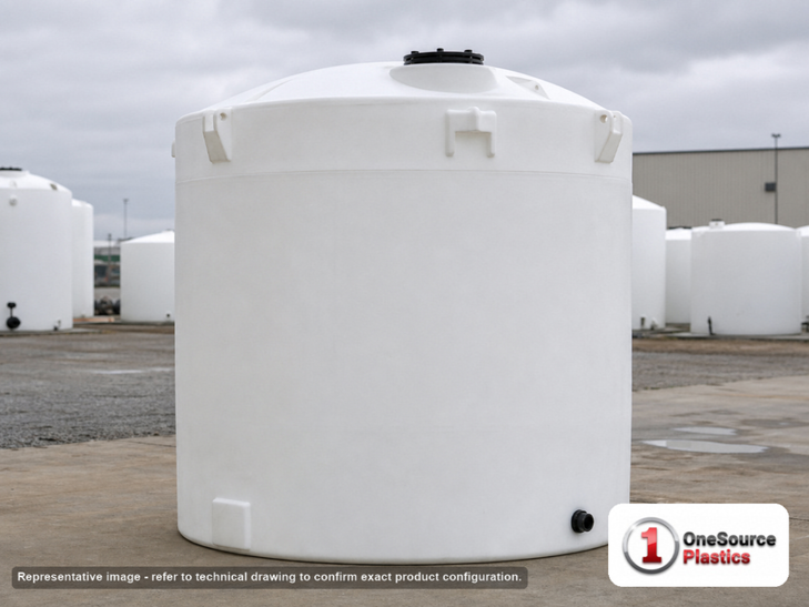 Snyder Industries 10500 Gallon Plastic Vertical Liquid Storage Tank in White 1.5 s.g.. High Density Linear Polyethylene; White; dimensions 177.0in H x 143.0in W x 143.0in L; 2500.0 lb empty; 1.5 specific gravity rating. Manufacturer part number SII-5330300C37. Sold by OneSource Plastics (https://www.onesourceplastics.com).