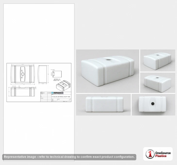 Dimensional spec drawing for Norwesco 110 Gallon Utility Tank (48" L x 35" W x 18" H)