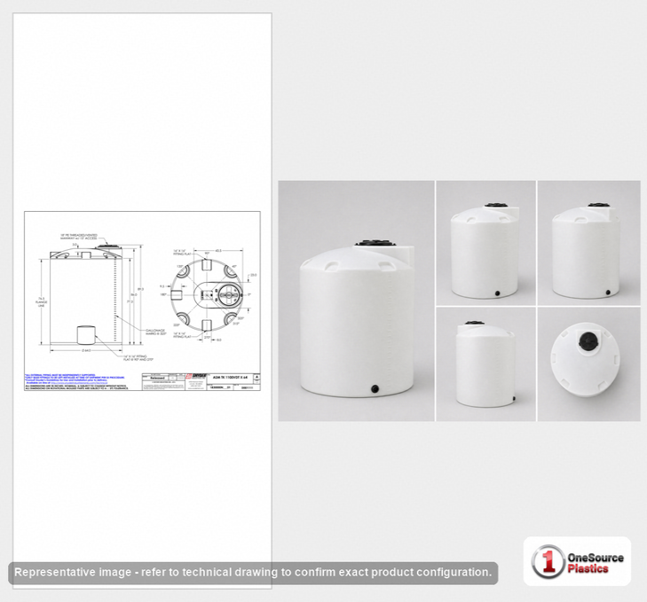 Dimensional spec drawing for Snyder Industries 1100 Gallon Vertical Storage Tank (64" L x 64" W x 90" H)