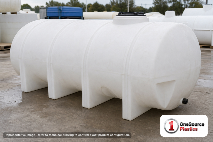 Norwesco 1235 Gallon Plastic Horizontal Elliptical Leg Tank in White. 1235.0 gallon capacity; Polyethylene; White; dimensions 53.0in H x 66.0in W x 128.0in L; 365.0 lb empty; 1.5 specific gravity rating; fittings: 2" fitting with 2" siphon; max temp 120 deg  F / 48 deg  C; 3 Year Warranty. Manufacturer part number 40239. Sold by OneSource Plastics (https://www.onesourceplastics.com).