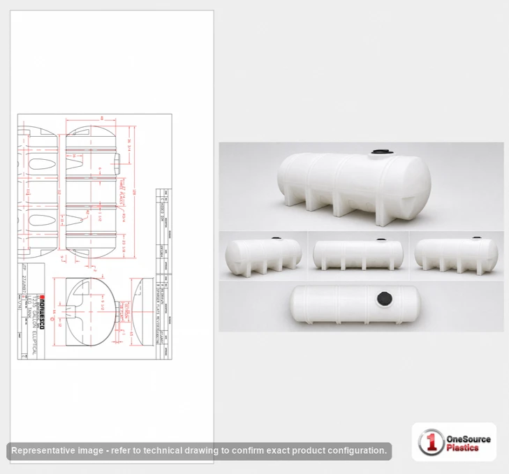 Dimensional spec drawing for Norwesco 1235 Gallon Elliptical Leg Tank (128" L x 66" W x 53" H)