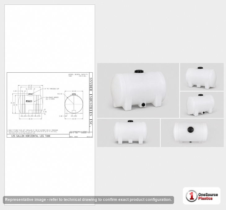 Dimensional spec drawing for Snyder Industries 125 Gallon Horizontal Leg Tank (44" L x 32" W x 35" H)