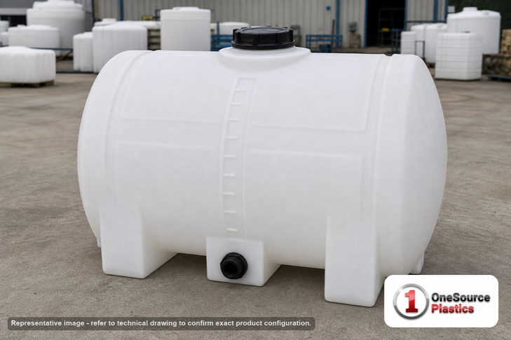 Snyder Industries 125 Gallon Plastic Horizontal Leg Tank. 125.0 gallon capacity; Polyethylene; White; dimensions 35.0in H x 30.0in W x 49.0in L; 46.0 lb empty; 1.9 specific gravity rating; fittings: 1.25"; max temp 120 deg  F / 48 deg  C; 3 Year Warranty. Manufacturer part number 1120000c26. Sold by OneSource Plastics (https://www.onesourceplastics.com).
