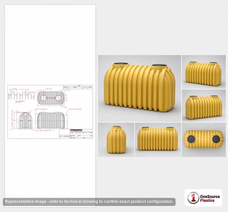 Dimensional spec drawing for Norwesco 1250 Gallon Septic Tank (116" L x 55" W x 70" H)