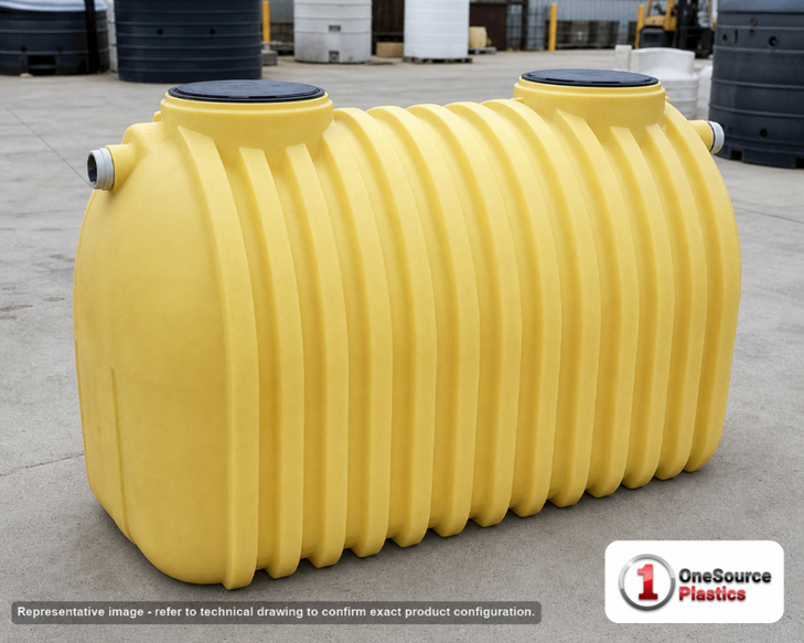 Norwesco 1250 Gallon Plastic One Compartment Septic Tank with Gaskets, Tees, and 1 Manhole Cover - IAPMO Certified. 1250.0 gallon capacity; Polyethylene; Yellow; dimensions 70.0in H x 55.0in W x 116.0in L; 355.0 lb empty; fittings: 4"; max temp 130 deg  F / 54 deg  C; 3 Year Warranty. Manufacturer part number 44476. Sold by OneSource Plastics (https://www.onesourceplastics.com).