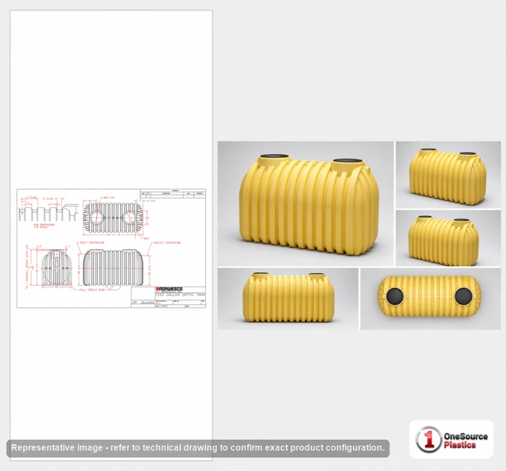 Dimensional spec drawing for Norwesco 1250 Gallon Plastic One Compartment Septic Tank with Gaskets, Tees, and