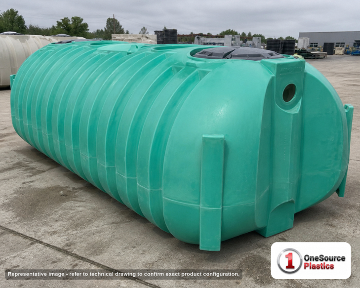 Norwesco 1500 Gallon Low Profile Plastic Two Compartment Septic Tank - IAPMO Certified. Polyethylene; Green; dimensions 51.0in H x 69.0in W x 157.0in L; 574.0 lb empty. Manufacturer part number N-44484. Sold by OneSource Plastics (https://www.onesourceplastics.com).