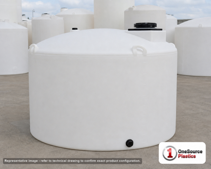 Snyder Industries 1500 Gallon Plastic Vertical Chemical Storage Tank in White. 1500.0 gallon capacity; High Density Linear Polyethylene; White; dimensions 72.0in H x 86.0in W x 86.0in L; 260.0 lb empty; 1.9 specific gravity rating; fittings: 2; max temp 120 deg  F / 48 deg  C; 3 Year Warranty. Manufacturer part number 1770000c26. Manufactured by Snyder. Sold by OneSource Plastics (https://www.onesourceplastics.com).