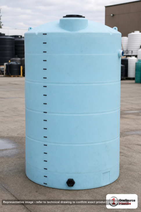 Norwesco 1500 Gallon Vertical Liquid Storage Tank. High Density Linear Polyethylene; Blue; dimensions 116.0in H x 64.0in W x 64.0in L; 340.0 lb empty; 1.9 specific gravity rating. Manufacturer part number N-40146. Sold by OneSource Plastics (https://www.onesourceplastics.com).