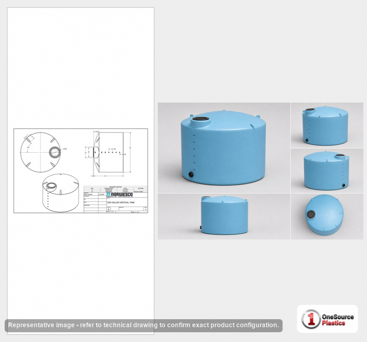 Dimensional spec drawing for Norwesco 1550 Gallon Vertical Storage Tank (87" L x 87" W x 67" H)