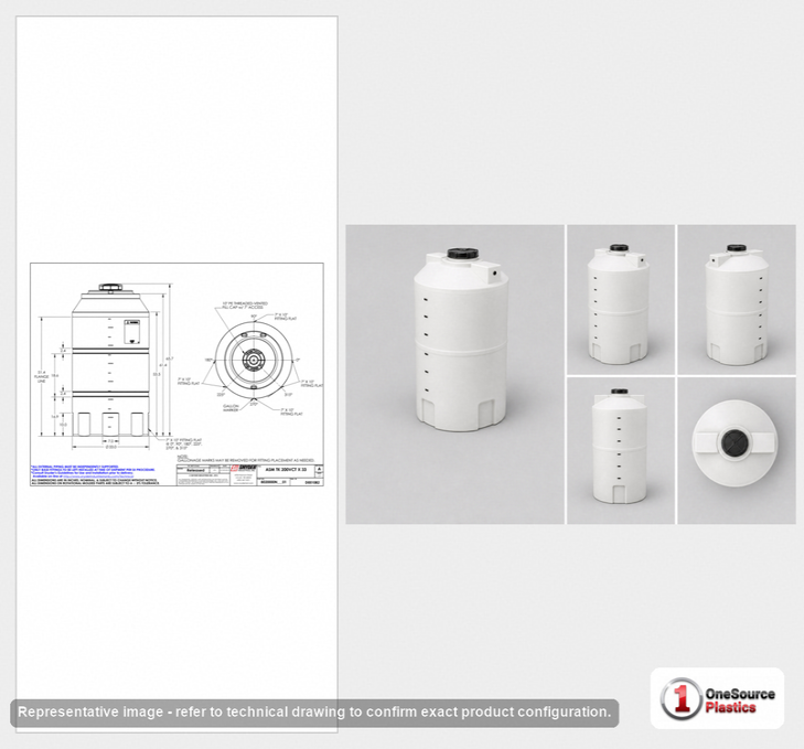 Dimensional spec drawing for Snyder Industries 200 Gallon Vertical Storage Tank (33" L x 33" W x 69" H)