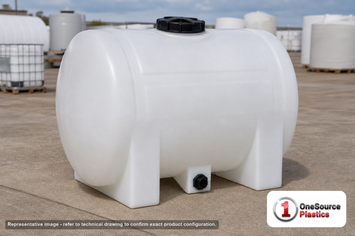 Snyder Industries 225 Gallon Plastic Horizontal Leg Tank. Polyethylene; White; dimensions 42.0in H x 38.0in W x 52.0in L; 85.0 lb empty; 1.9 specific gravity rating. Manufacturer part number SII-1003900C26. Sold by OneSource Plastics (https://www.onesourceplastics.com).