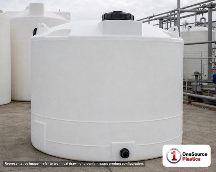 Snyder Industries 2500 Gallon HDPE Vertical Chemical Storage Tank in White. Polyethylene; White; dimensions 107.0in H x 90.0in W x 90.0in L; 425.0 lb empty; 1.35 specific gravity rating. Manufacturer part number SII-5090000N39. Sold by OneSource Plastics (https://www.onesourceplastics.com).