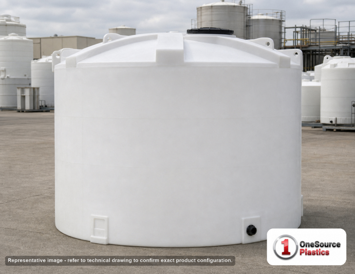 Snyder Industries 2500 Gallon HDPE Vertical Chemical Storage Tank in White. 2500.0 gallon capacity; Polyethylene; White; dimensions 98.0in H x 96.0in W x 96.0in L; 620.0 lb empty; 1.9 specific gravity rating; fittings: 2"; max temp 120 deg  F / 48 deg  C; 3 Year Warranty. Manufacturer part number 5090300n45. Manufactured by Snyder. Sold by OneSource Plastics (https://www.onesourceplastics.com).