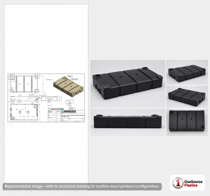 Dimensional spec drawing for Norwesco 300 Gallon Above Ground Holding Tank (95" L x 56" W x 16" H)