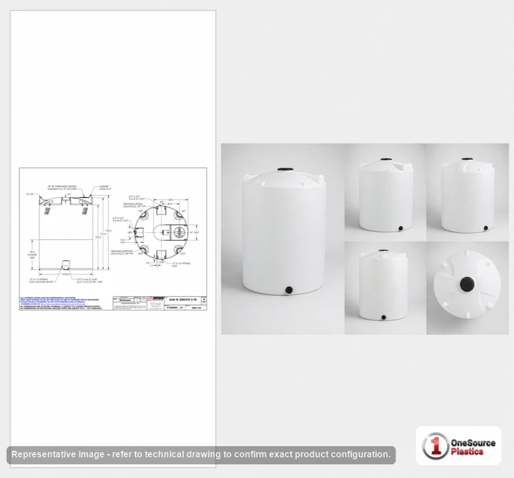 Dimensional spec drawing for Snyder Industries 3000 Gallon Vertical Storage Tank (90" L x 90" W x 127" H)