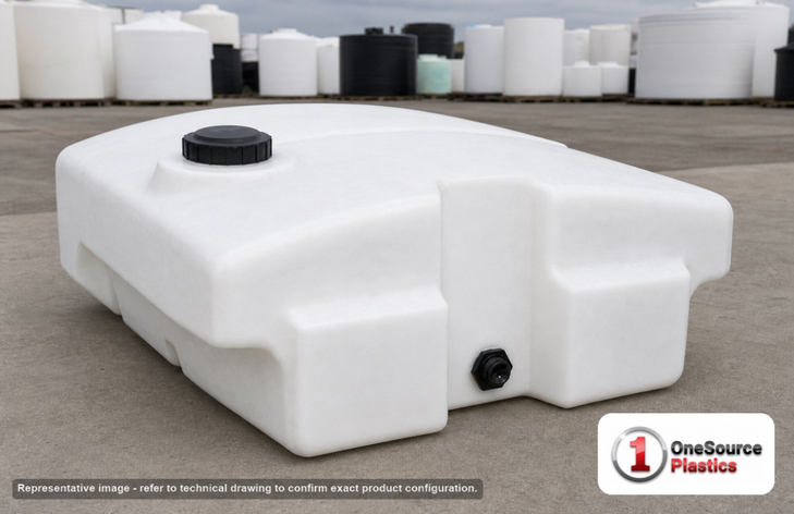 Norwesco 305 Gallon Pick Up Truck Tank with Low Profile Design. 305 gallon capacity; Polyethylene; White; dimensions 30.0in H x 58.0in W x 60.0in L; 107.0 lb empty; 1.5 specific gravity rating; fittings: 2" fitting with 2" siphon; max temp 120 deg  F / 48 deg  C; 3 Year Warranty. Manufacturer part number 44808. Manufactured by Norwesco. Sold by OneSource Plastics (https://www.onesourceplastics.com).