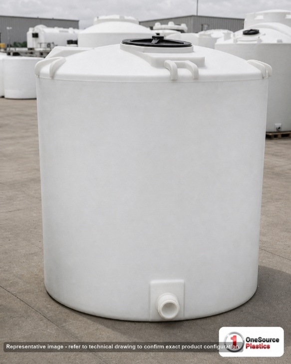 Snyder Industries 400 Gallon HDPE Vertical Chemical Storage Tank in White. High Density Linear Polyethylene; White; dimensions 64.0in H x 45.0in W x 45.0in L; 85.0 lb empty; 1.9 specific gravity rating. Manufacturer part number SII-1740000N45. Sold by OneSource Plastics (https://www.onesourceplastics.com).