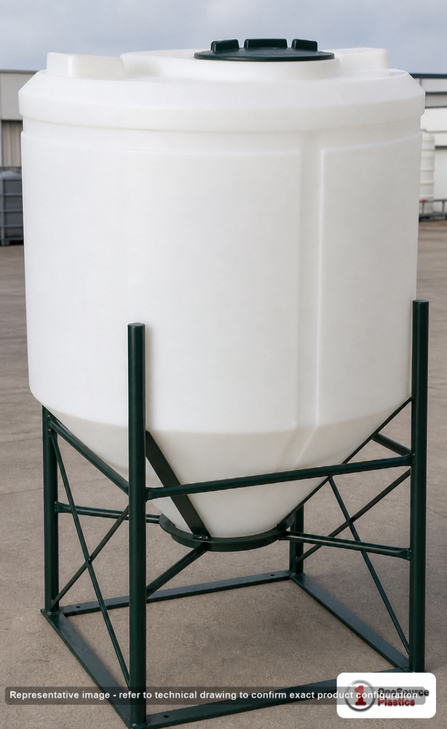 Norwesco 500 Gallon 30 Degree Cone Bottom Tank in White. Polyethylene; White; dimensions 85.0in H x 48.0in W x 48.0in L; 159.0 lb empty; 1.5 specific gravity rating. Manufacturer part number N-40287. Sold by OneSource Plastics (https://www.onesourceplastics.com).