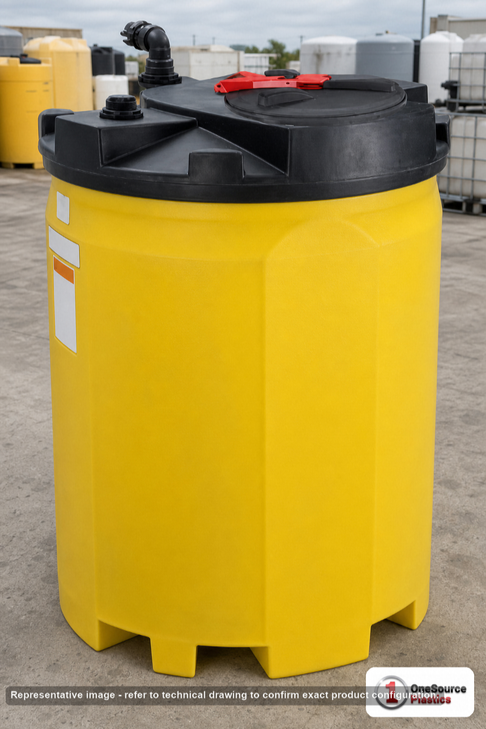Snyder Industries 500 Gallon Plastic Vertical Double Wall Waste Oil Tank in Yellow. 500.0 gallon capacity; High Density Linear Polyethylene; Yellow; dimensions 81.0in H x 53.0in W x 53.0in L; 280.0 lb empty; 1.9 specific gravity rating; fittings: 1 Outlet , 1 Manway / Lid; max temp 120 deg  F / 48 deg  C; 3 Year Warranty. Manufacturer part number 5780102n95703. Manufactured by Snyder. Sold by OneSource Plastics (https://www.onesourceplastics.com)