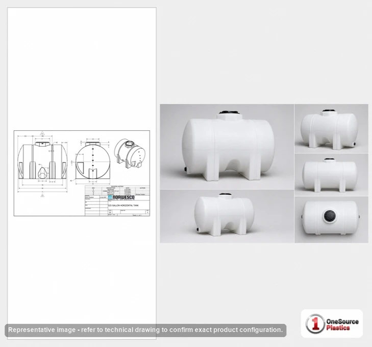 Dimensional spec drawing for Norwesco 525 Gallon Horizontal Leg Tank (71" L x 49" W x 54" H)