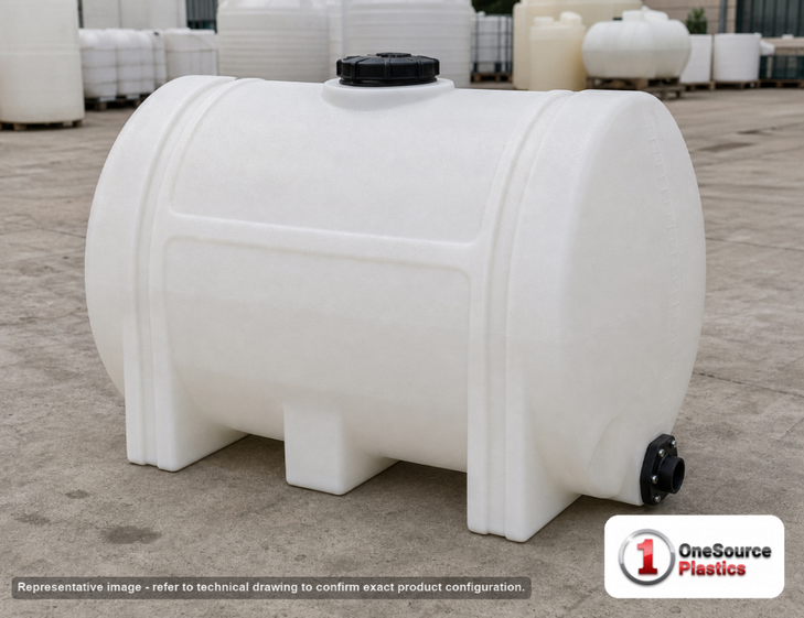Snyder Industries 525 Gallon Plastic Horizontal Leg Tank. 525.0 gallon capacity; Polyethylene; White; dimensions 53.0in H x 48.0in W x 75.0in L; 124.0 lb empty; 1.9 specific gravity rating; fittings: 2"; max temp 120 deg  F / 48 deg  C; 3 Year Warranty. Manufacturer part number 1400000c26. Sold by OneSource Plastics (https://www.onesourceplastics.com).