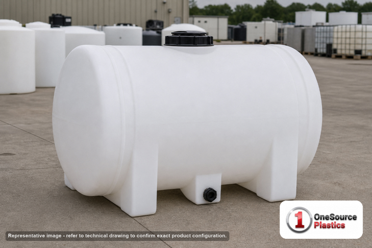 Snyder Industries 535 Gallon Plastic Horizontal Leg Tank. Polyethylene; White; dimensions 52.0in H x 47.0in W x 78.0in L; 124.0 lb empty; 1.9 specific gravity rating. Manufacturer part number SII-1400300C26. Sold by OneSource Plastics (https://www.onesourceplastics.com).