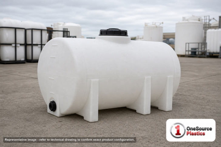 Snyder Industries 60 Gallon Plastic Horizontal Leg Tank. 60.0 gallon capacity; High Density Linear Polyethylene; White; dimensions 26.0in H x 48.0in W x 39.0in L; 23.0 lb empty; 1.9 specific gravity rating; fittings: 0.75; max temp 120 deg  F / 48 deg  C; 3 Year Warranty. Manufacturer part number 1060000c26. Sold by OneSource Plastics (https://www.onesourceplastics.com).