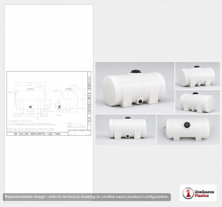 Dimensional spec drawing for Snyder Industries 60 Gallon Horizontal Leg Tank (39" L x 48" W x 26" H)
