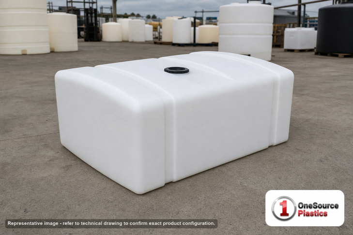Norwesco 68 Gallon Plastic Portable Flat Bottom Utility Tank in White. 68 gallon capacity; Polyethylene; White; dimensions 17.0in H x 27.0in W x 42.0in L; 42.0 lb empty; 1.5 specific gravity rating; fittings: 1"; max temp 120 deg  F / 48 deg  C; 3 Year Warranty. Manufacturer part number 43841. Manufactured by Norwesco. Sold by OneSource Plastics (https://www.onesourceplastics.com).