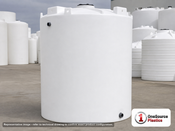 Snyder Industries 6900 Gallon Heavy Duty Vertical Liquid Storage Tank in White 1.9 sg. High Density Linear Polyethylene; White; dimensions 153.0in H x 120.0in W x 120.0in L; 1450.0 lb empty; 1.9 specific gravity rating. Manufacturer part number SII-7140000C26. Sold by OneSource Plastics (https://www.onesourceplastics.com).