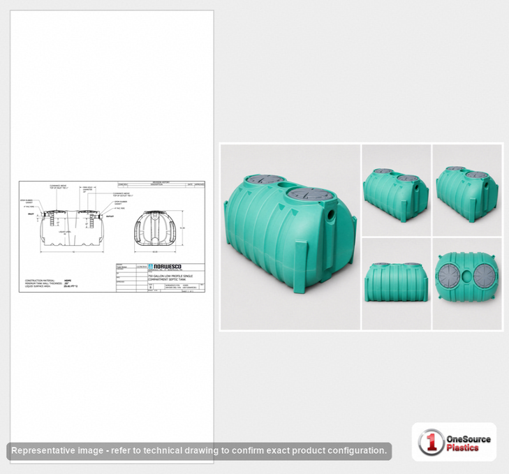 Norwesco 750 Gallon Plastic One Compartment Septic Tank with Loose Plumbing and Low Profile Design - IAPMO Certified