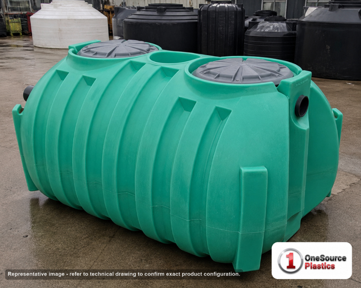 Norwesco 750 Gallon Low Profile Two Compartment Septic Tank IAPMO Certified with Loose Plumbing. 750.0 gallon capacity; Polyethylene; Green; dimensions 51.0in H x 60.0in W x 92.0in L; 298.0 lb empty; fittings: 4"; max temp 130 deg  F / 54 deg  C; 5 Year Warranty. Manufacturer part number 44510. Manufactured by Snyder. Sold by OneSource Plastics (https://www.onesourceplastics.com).