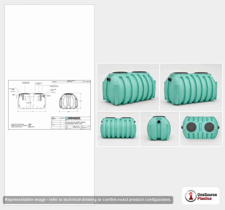 Dimensional spec drawing for Norwesco 750 Gallon Low Profile Septic Tank (92" L x 60" W x 51" H)
