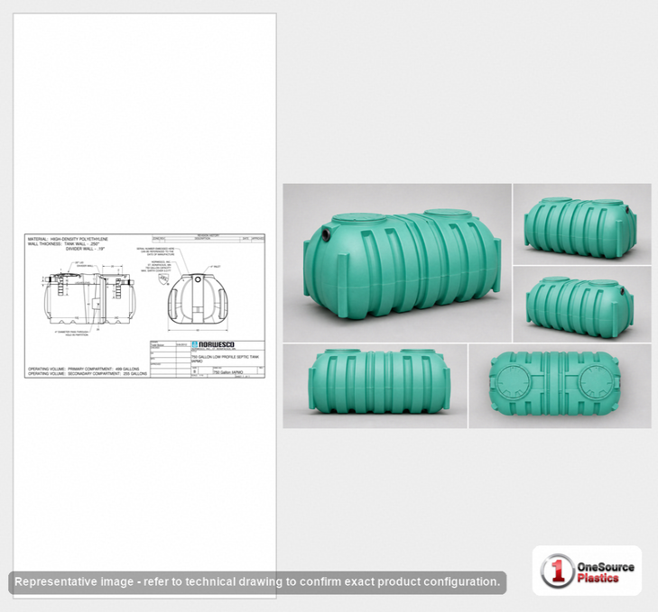 Dimensional spec drawing for Norwesco 750 Gallon Low Profile Septic Tank (92" L x 60" W x 51" H)