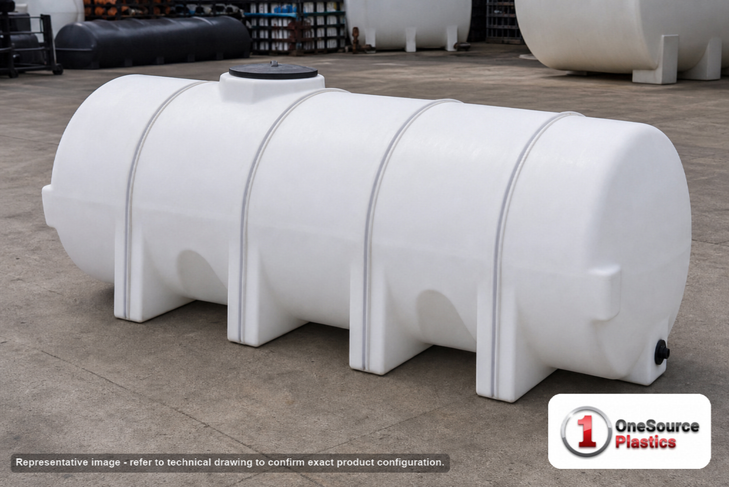 Norwesco 925 Gallon Horizontal Leg Tank with Sump Bottom in White. Polyethylene; White; dimensions 69.0in H x 62.0in W x 80.0in L; 280.0 lb empty; 1.5 specific gravity rating. Manufacturer part number N-45210. Sold by OneSource Plastics (https://www.onesourceplastics.com).