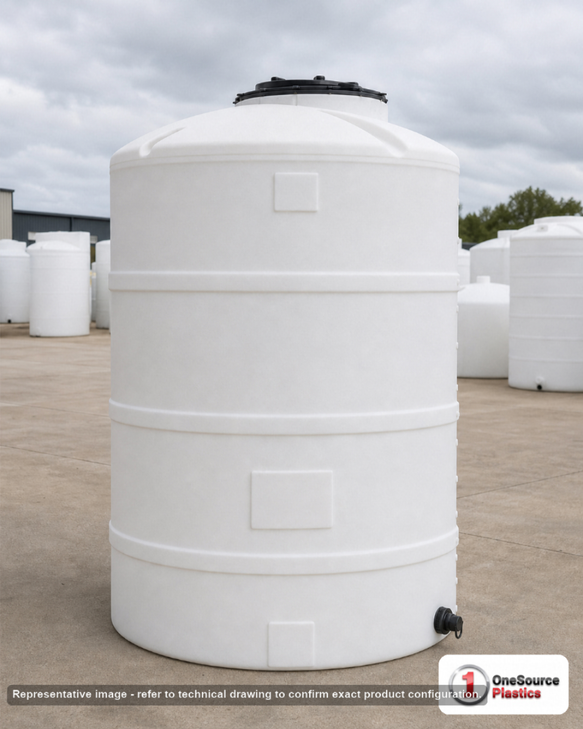 Snyder Industries 1500 Gallon HDPE Vertical Liquid Storage Tank. 1500.0 gallon capacity; High Density Linear Polyethylene; White; dimensions 114.0in H x 65.0in W x 65.0in L; 353.0 lb empty; 1.9 specific gravity rating; fittings: 2; 3 Year Warranty. Manufacturer part number 32108. Manufactured by Snyder. Sold by OneSource Plastics (https://www.onesourceplastics.com).