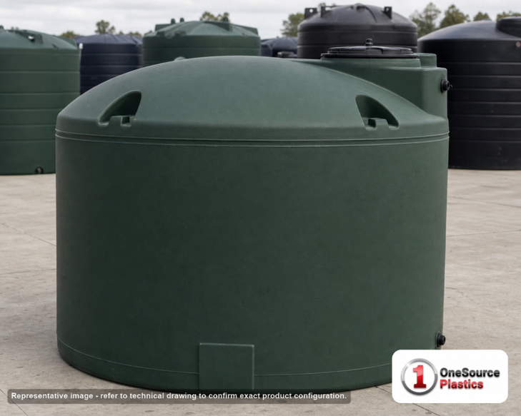 Snyder Industries 1500 Gallon Plastic Vertical Water Storage Tank in Green. 1500.0 gallon capacity; Polyethylene; Green; dimensions 70.0in H x 86.0in W x 86.0in L; 215.0 lb empty; 1.0 specific gravity rating; fittings: 2"; max temp 120 deg  F / 48 deg  C; 3 Year Warranty. Manufacturer part number wg45. Manufactured by Snyder. Sold by OneSource Plastics (https://www.onesourceplastics.com).