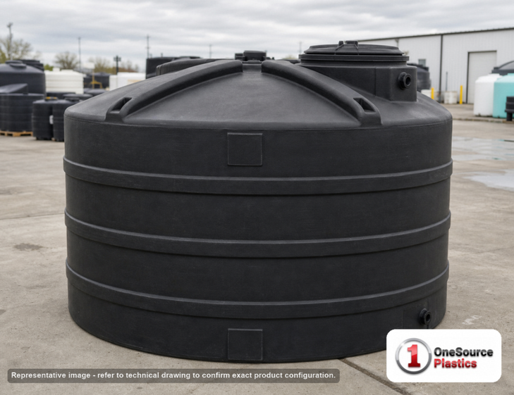 Snyder Industries 1600 Gallon Plastic Vertical Water Storage Tank in Black. High Density Linear Polyethylene; Black; dimensions 71.0in H x 86.0in W x 86.0in L; 217.0 lb empty; 1.0 specific gravity rating. Manufacturer part number SII-32547. Sold by OneSource Plastics (https://www.onesourceplastics.com).