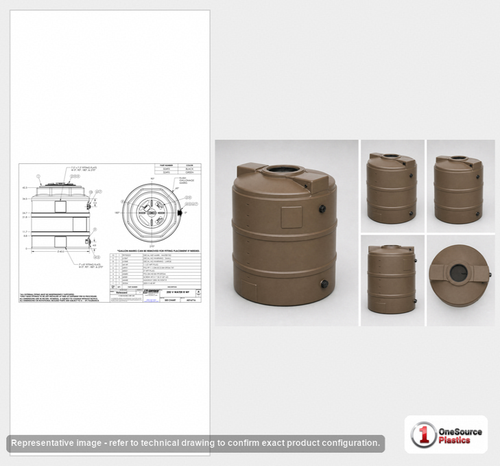 Dimensional spec drawing for Snyder Industries 200 Gallon Vertical Water Tank (40" L x 40" W x 42" H)