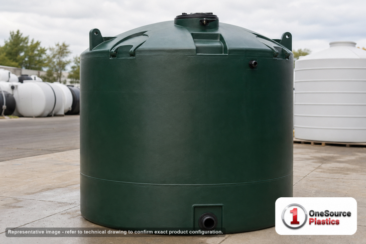 Snyder Industries 2500 Gallon Plastic Vertical Water Storage Tank in Green. 2500 gallon capacity; Polyethylene; Green; 106"