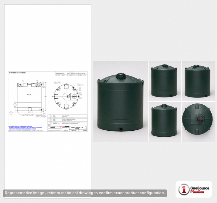 Dimensional spec drawing for Snyder Industries 2500 Gallon Vertical Water Tank (90" L x 90" W x 106" H)